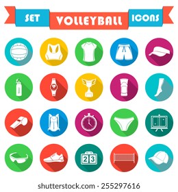 Volleyball icon set - stock vector. Large set of symbols, logos and icons of volleyball. Sports equipment, protection, trackers, silhouettes of players, uniforms, clothing and shoes.