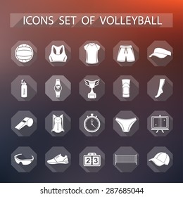 Volleyball icon set - stock vector. Large set of symbols, logos and icons of volleyball. Sports equipment, protection, trackers, silhouettes of players, uniforms, clothing and shoes.