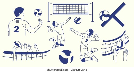 Volleyball icon set vector hand drawn illustration