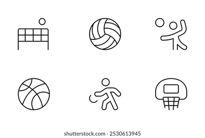 Icono de voleibol, juegos de verano, diseño de conjunto de Vector de baloncesto con trazo editable. Línea, sólido, línea plana, estilo delgado y conveniente para la página del Web, App móvil, UI, diseño de UX.