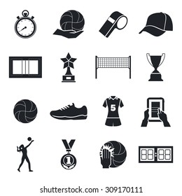 Volleyball icons set. Cup, silhouette, playing woman, shoes,Vector illustration.