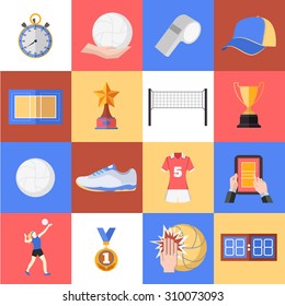 Volleyball icons set. Flat style design. Cup, silhouette, playing woman, shoes. Vector illustration.
