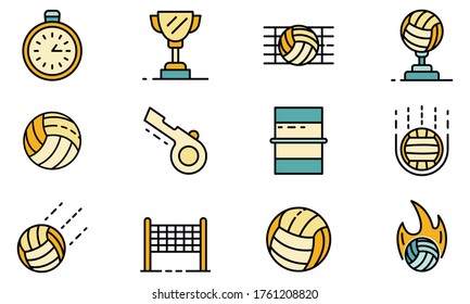 Volleyball icons set. Outline set of volleyball vector icons thin line color flat on white