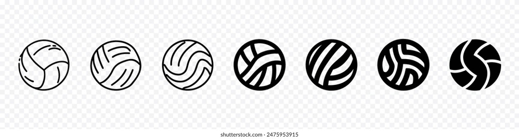 Volleyball-Symbole gesetzt. Umriss-Satz von Volleyball-Vektor-Icons. Volleyball-Symbol. Volleyballs Team Logo, Linear Icon. Volleyball für Innen-, Außen- und Beachvolleyball. Sportgeräte. 