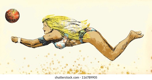 Volleyball. Illustration of sport (foreground) on vintage paper (background). Description: Editable in several layers (at least three layers). Number of colors in each layer: no more than sixteen.