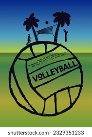 volleyball island. People playing beach volleyball on a giant volleyball vintage typography print