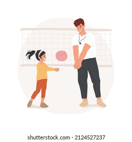 Volleyball isolated cartoon vector illustration Teacher explains girl how to pitch the ball, school sport electives, children training in a gym, elementary volleyball class vector cartoon.