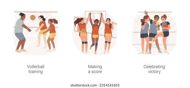 Volleyball isolated cartoon vector illustration set. Teenage volleyball players training in gym, making a score, team spirit, celebrating victory, holding trophy, competitive sport vector cartoon.