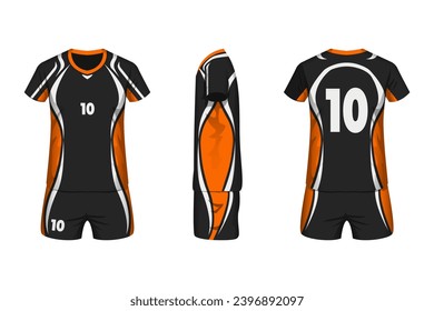 El jersey de voleibol se burla del color editable con vista frontal, lateral y trasera.