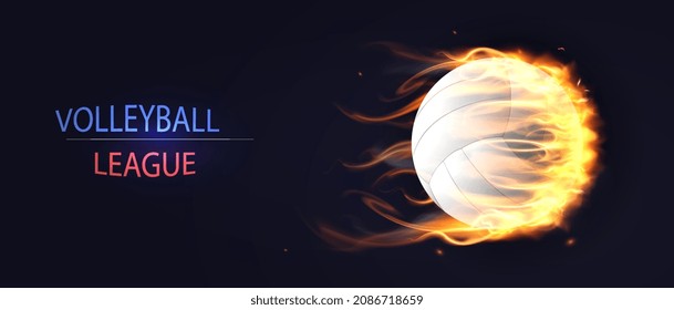 Concepto de la Liga de Voleibol. Banner horizontal con inscripción y bola de llama blanca con huella geométrica. Elemento de diseño realista para torneos y competiciones. Dibujo vectorial plano de dibujos animados