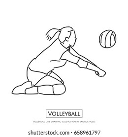 Volleyball line drawing illustration in various poses - line drawing vector illustration graphic design