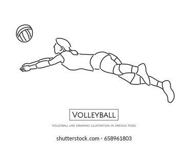 Volleyball line drawing illustration in various poses - line drawing vector illustration graphic design