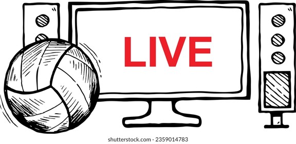 Volleyball of live streaming icons.Sketch TV set isolated on a white background. Vector illustration.