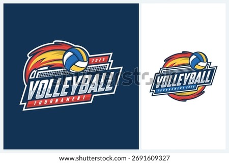 Volleyball logo badge design vector, volleyball team emblem logo design vector illustration template, volleyball tournament logo concepts with fire and ball