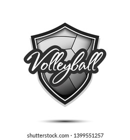 Volleyball logo design template. Volleyball emblem pattern. Volleyball ball and shield with vintage lettering on an isolated background. Print on t-shirt graphics. Vector illustration