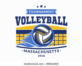 Volleyball logo, emblem, icons, designs templates with volleyball ball, net and flame on a light background