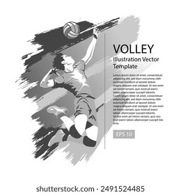 Ilustración de logotipo de voleibol Plantilla con un jugador de voleibol saltando y con un estilo de escala de grises.