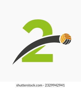 Volleyball Logo On Letter 2 With Moving Volleyball Ball Icon. Volley Ball Symbol