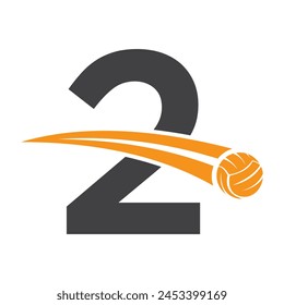 Volleyball Logo On Letter 2 Concept With Moving Volleyball Symbol. Volleyball Sign