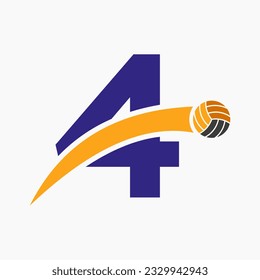Volleyball Logo On Letter 4 With Moving Volleyball Ball Icon. Volley Ball Symbol