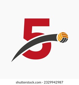 Volleyball Logo On Letter 5 With Moving Volleyball Ball Icon. Volley Ball Symbol