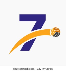 Volleyball Logo On Letter 7 With Moving Volleyball Ball Icon. Volley Ball Symbol