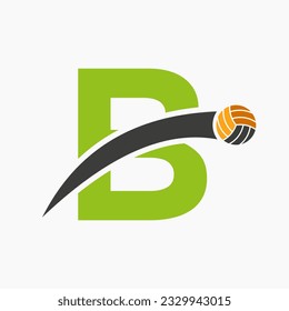 Volleyball Logo On Letter B With Moving Volleyball Ball Icon. Volley Ball Symbol