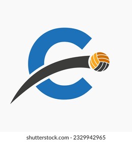 Volleyball Logo On Letter C With Moving Volleyball Ball Icon. Volley Ball Symbol