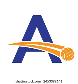 Volleyball Logo On Letter A Concept With Moving Volleyball Symbol. Volleyball Sign