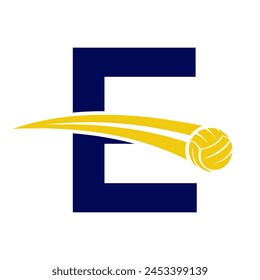 Volleyball Logo On Letter E Concept With Moving Volleyball Symbol. Volleyball Sign