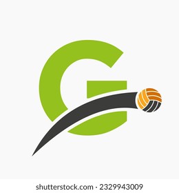 Volleyball Logo On Letter G With Moving Volleyball Ball Icon. Volley Ball Symbol