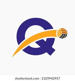 Volleyball Logo On Letter Q With Moving Volleyball Ball Icon. Volley Ball Symbol