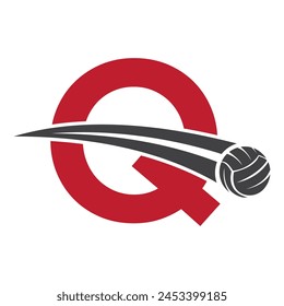 Volleyball Logo On Letter Q Concept With Moving Volleyball Symbol. Volleyball Sign