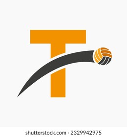 Volleyball Logo On Letter T With Moving Volleyball Ball Icon. Volley Ball Symbol