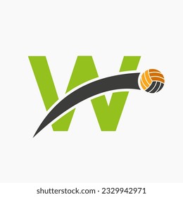 Volleyball Logo On Letter W With Moving Volleyball Ball Icon. Volley Ball Symbol