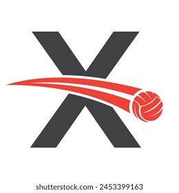 Volleyball Logo On Letter X Concept With Moving Volleyball Symbol. Volleyball Sign