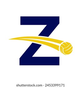 Volleyball Logo On Letter Z Concept With Moving Volleyball Symbol. Volleyball Sign