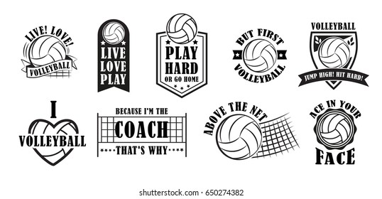 Volleyball logo set, creative labels for players competing in sport game, athletes and coaches motto, t-shirt badge for fan zone or volunteers, vector illustration
