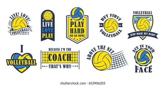 Volleyball logo set, creative labels for players competing in sport game, athletes and coaches motto, t-shirt badge for fan zone or volunteers, vector illustration