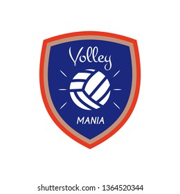 Volleyball logo template, badge. Volley mania with ball. Colorful label design for sports events or club. Stock vector isolated on white background.