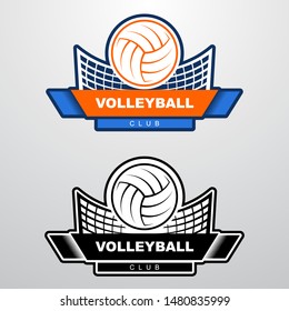 Volleyball logo template with ball flying over the net. Orange and blue sport logo template with flying ball.