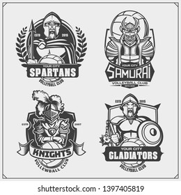 Volleyball logos and labels. Sport club emblems with ancient warriors. Print design for t-shirt.