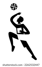 Volleyball male player black silhouette. Volleyball ball. Vector illustration. Jumping in motion. Isolated on white. For posters, designs, prints. Sport concept. Cartoon style