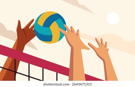 Volleyball Match Blocking Action with Two Players at the Net