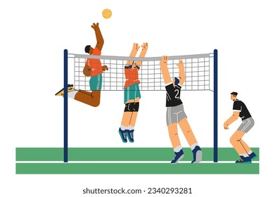 Volleyball match scene flat cartoon vector illustration isolated on white background. Volleyball teams players fight for victory. Volleyball sport and leisure game.