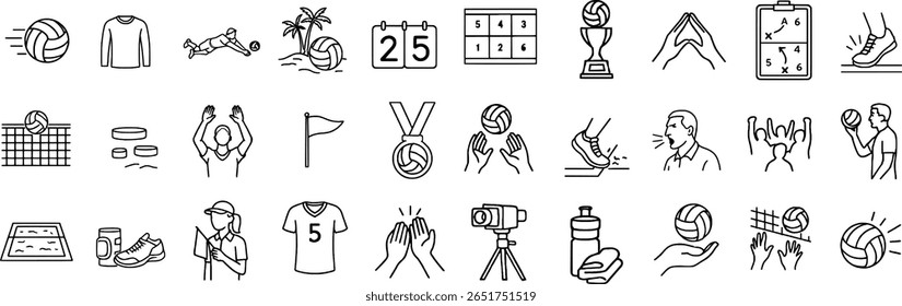 Jogos de Voleibol e Ícones de Treinamento. O set contém árbitro, placar, calendário, troféu, medalha, apito e cenas de treinamento.