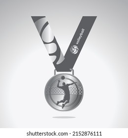 Volleyball medal - sport medal with ribbon for winning the volleyball vector illustration, Volleyball sports logo template vector art graphic. Ideal for volleyball team logo isolated on white.