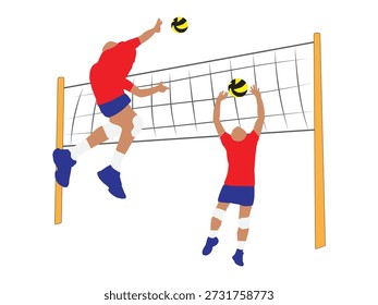 Jugadores de voleibol de los hombres fijan y atacan sobre la ilustración colorida de la red