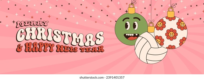 volleyball Merry Christmas and Happy New Year groovy Sports greeting card. Hanging ball as a groovy Christmas ball on vibrant background. Vector illustration..