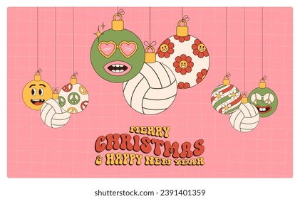 volleyball Merry Christmas and Happy New Year groovy Sports greeting card. Hanging ball as a groovy Christmas ball on vibrant background. Vector illustration..